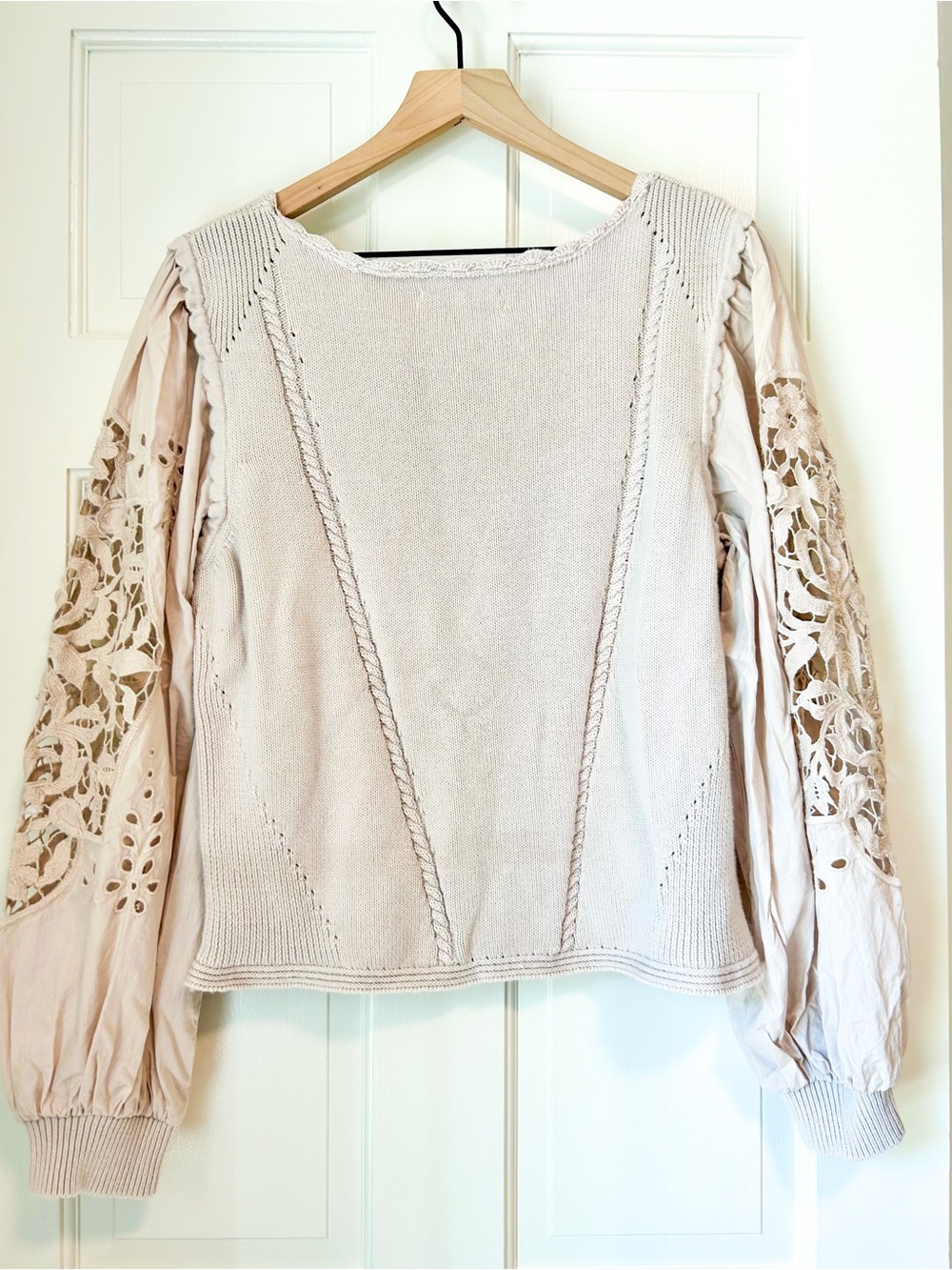 By Anthropologie Cutwork Puff-Sleeve Cotton Sweater - Large - Picture 7 of 9